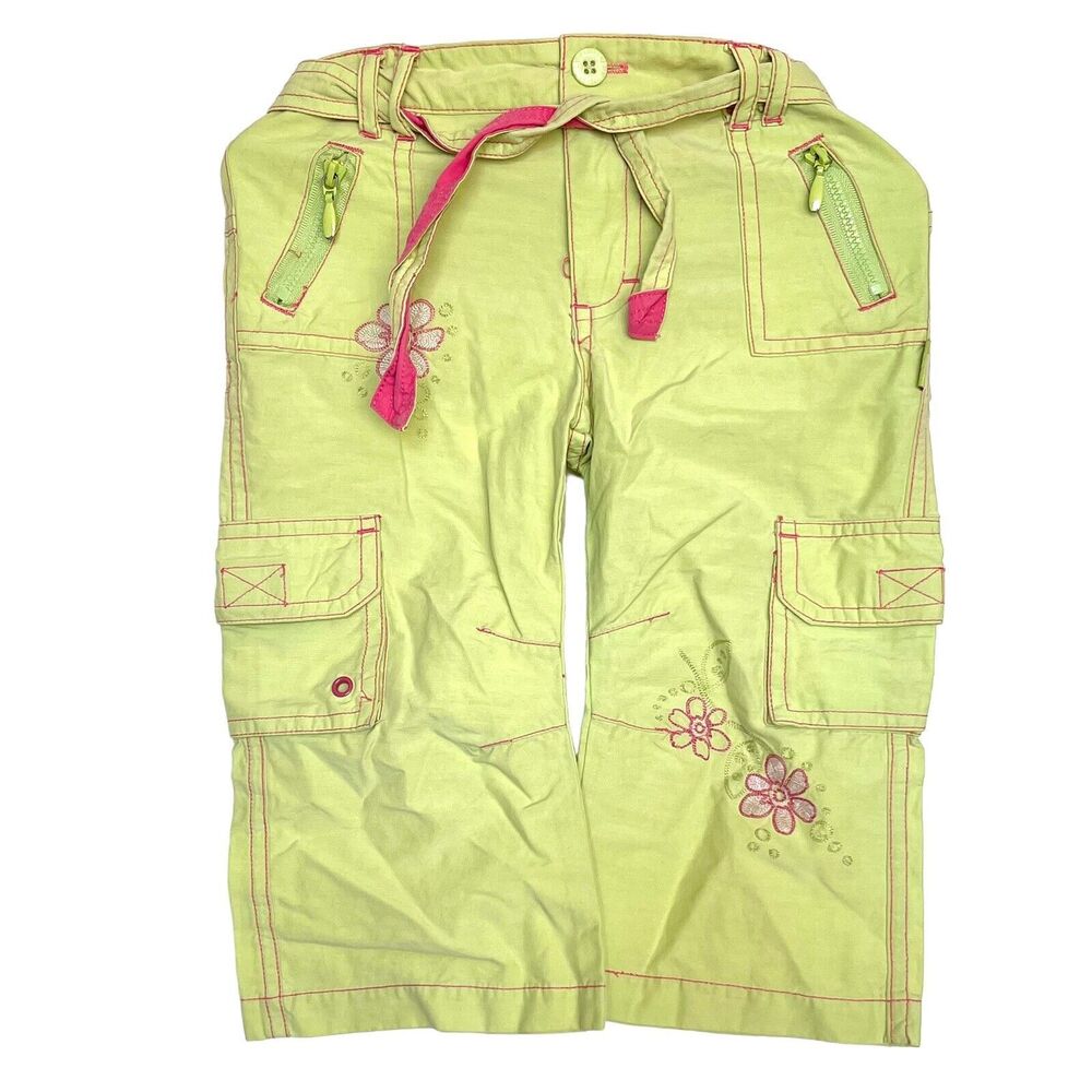 Pumpkin Patch pants Size 4  Khaki Green Pink  Flowers Embroidery Easter Spring